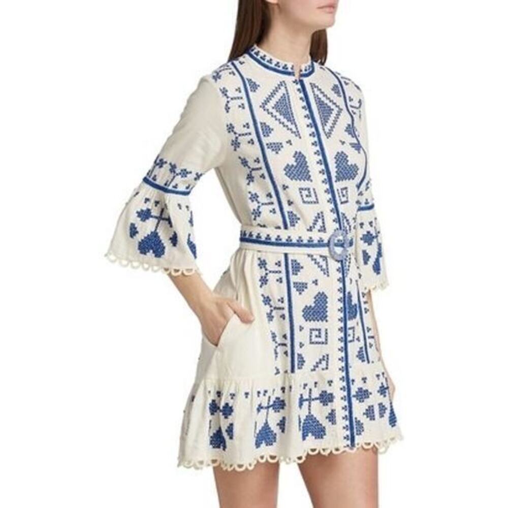Farm Rio White Beaded Belted Embroidered Mini Dress